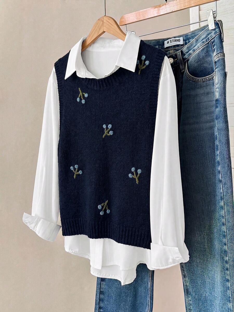 Modelyn Chaleco de punto con cuello redondo bordado de unicolor para mujer - Azul Marino - Ver 1