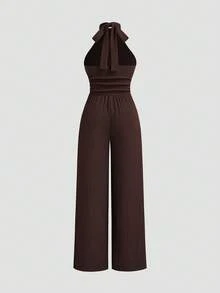 Sweetra Plus Size Solid Color Backless Halter Neck Jumpsuit Vacation Hawaii Chocolate Brown Summer Casual Normal - Coffee Brown - View 2