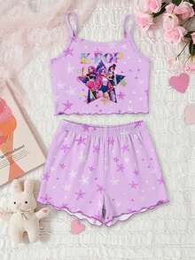 [5 Set Acak, 1 Set Dikirim] Piyama Anak Perempuan Remaja, Mode Musim Panas Terbaru Motif Kartun Lucu K-POP, Atasan Camisole Rajut Berkerut & Celana Pendek Motif Seluruh Permukaan, Set Pakaian Tidur 2 Potong, 1 Set (Pengiriman Acak) - MultiWarna - View 3