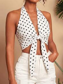 Travachic Women's Polka Dot Pleated Casual Versatile Daily Wear Halter Neck Top - White - View 3