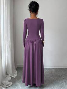 Elenzga Vestido largo de mujer de seda de leche de punto elástico con doble cepillado, cuello cuadrado, fruncido delantero, cintura favorecedora, línea A, bajo suelto, manga larga, estilo Maillard, ajustado, con capas, elegante, romántico francés, estilo femenino, estilo de oficina, estilo de calle, moda de invierno australiana, estilo minimalista versátil, estilo profesional de mujer de dinero antiguo, Acción de Gracias, vuelta a la escuela, fiesta de té de la tarde, primavera, otoño, invierno - Morado - Ver 2