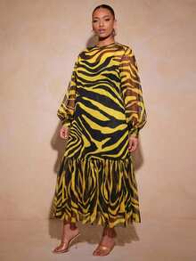 Vixey Tulle Ruffle Hem Sheer Mesh Balloon Sleeve Tunic Top Fall - Yellow - View 4