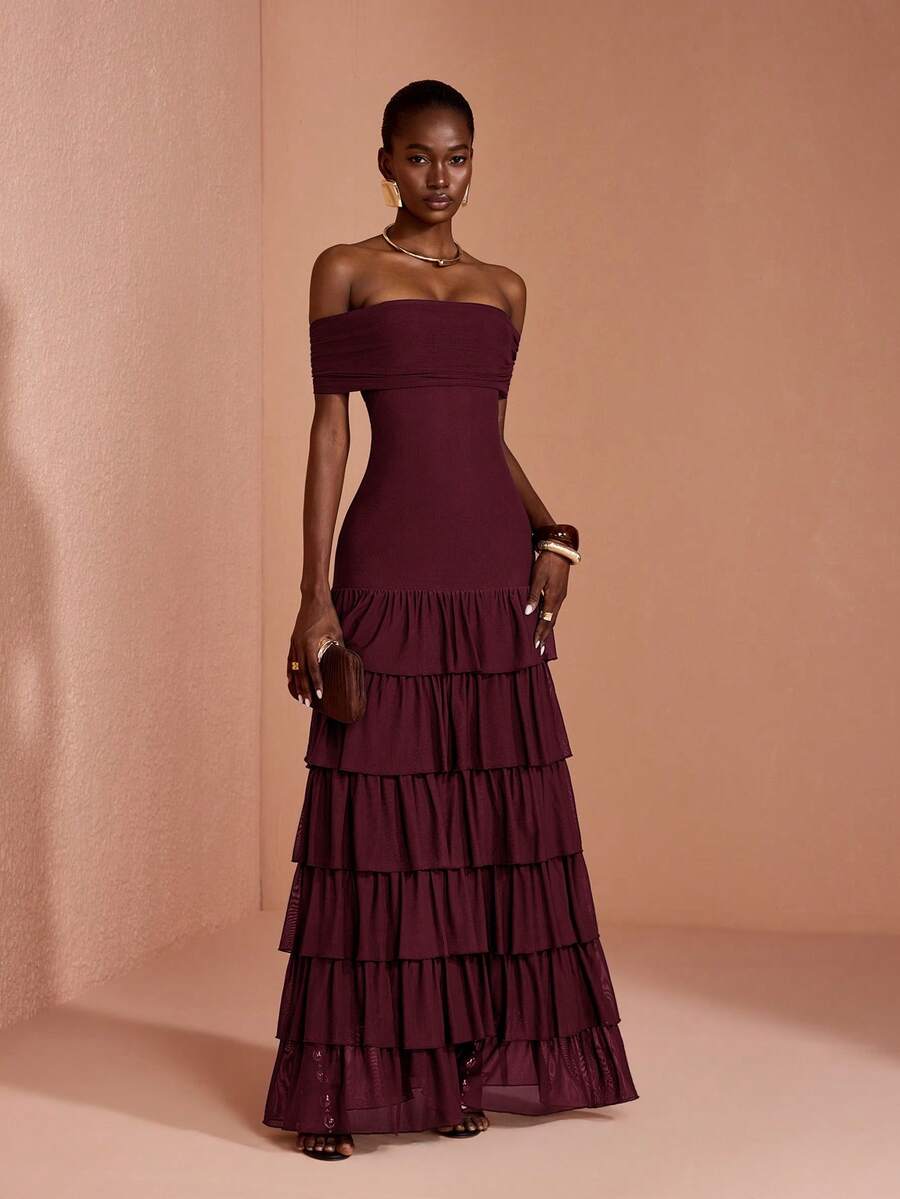JIAN LASALA Mesh Off Shoulder Layered Sleeve Women Boho Dress Vacation Casual Holiday - Burgundy - View 1