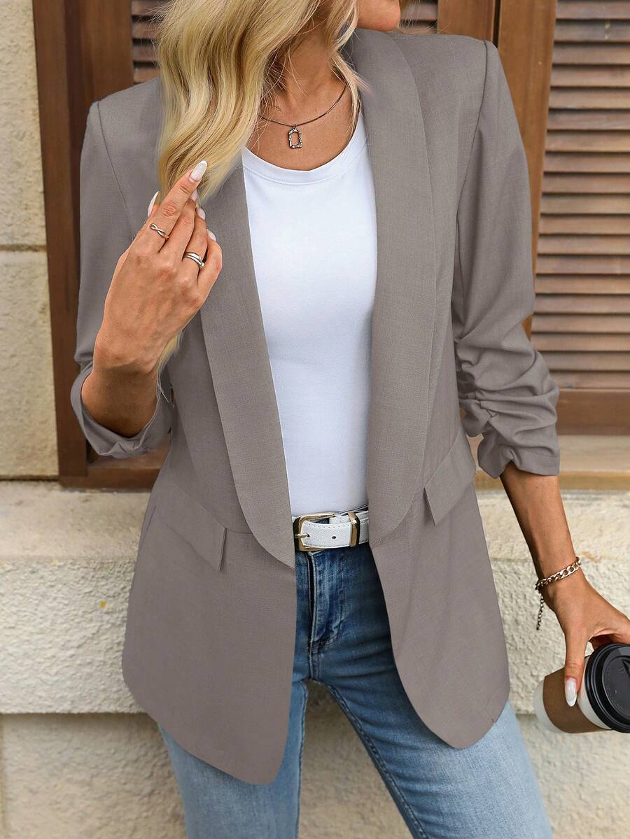 SHEIN LUNE Women's Classic Draped Collar Ruffle 3/4 Sleeve Blazer Jacket, Suitable For Daily Commuting - Light Grey - View 1