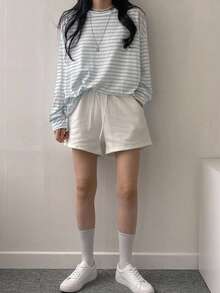 DAZY Striped Print Drop Shoulder Oversized Tee Long Sleeve Women Tops - Blue and White - View 4