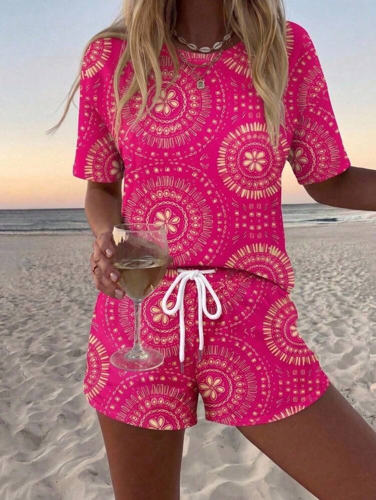 SHEIN LUNE Women's Round Neck Drop Shoulder Top And Drawstring Shorts Casual 2-Piece Set - Multicolor - View 1