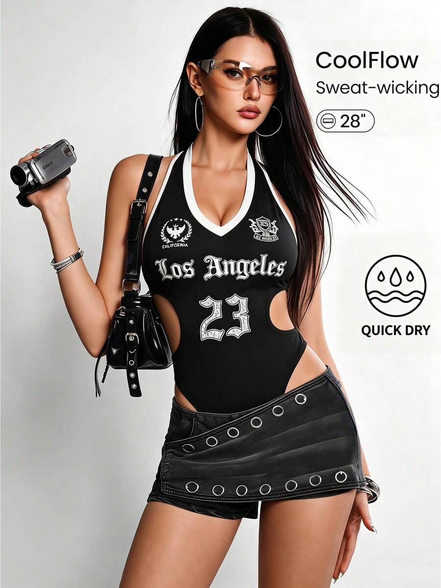 Rina Fox Bodysuit Wanita Kasual Model Halter Neck dengan Motif Huruf dan Potongan di Pinggang - Hitam - View 1