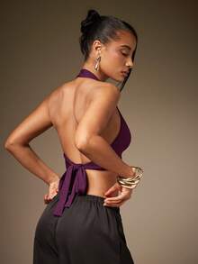 Hauture Women's Sexy Basic Casual Front Metal Closure Detail Going Out Halter Top - Purple - View 2