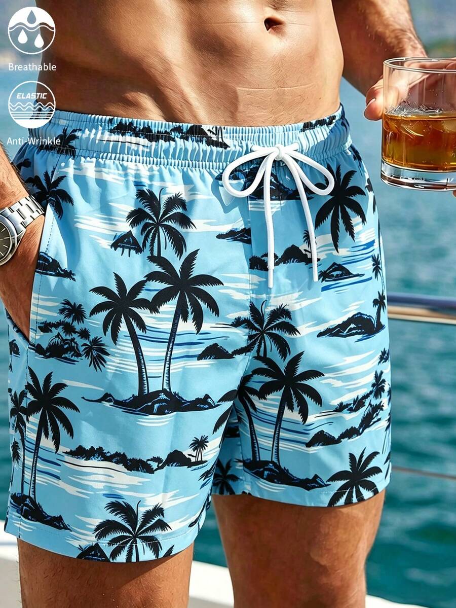 Naviga Onda Summer Plus Size Men's Palm Tree Print Pocket Beach Shorts Holiday / Vacation / Beach / Hawaii / Tropical / Swim / Bathing - Baby Blue - View 1