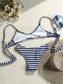 SHEIN Swim 女款 2 件式比基尼套裝，綠色紋理布料，細肩帶，無墊上衣，比基尼泳褲，女孩海灘泳裝套裝，適合夏季度假 - 藏蓝色 - 查看 2