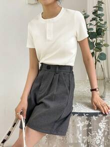 DAZY Camiseta de punto acanalado con botones delanteros, ropa fina de verano - Blanco - Ver 4
