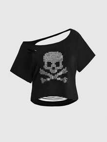 ROMWE Grunge Punk Plus Size Punk Style Skull Metal Rivet Design Asymmetric Neck Distressed Backless Loose Cropped T-Shirt - Black - View 1