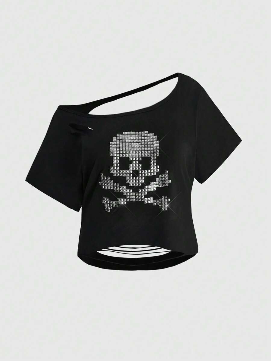 ROMWE Grunge Punk Plus Size Punk Style Skull Metal Rivet Design Asymmetric Neck Distressed Backless Loose Cropped T-Shirt - Black - View 1