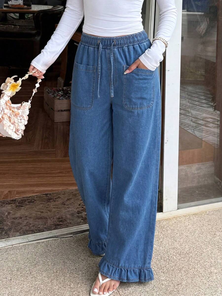 SHEIN Tween Girls Loose Straight Leg Denim Pants, New Washed Versatile Minimalist Cute Casual Style, Frill Trim Design, Elastic Waistband With Drawstring - Blue - View 1