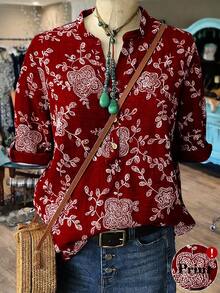 Linhara Plus Size Casual Chic 3/4 Sleeve Printed Blouse, Suitable For Spring, Summer & Autumn Fall - Burgundy - View 6