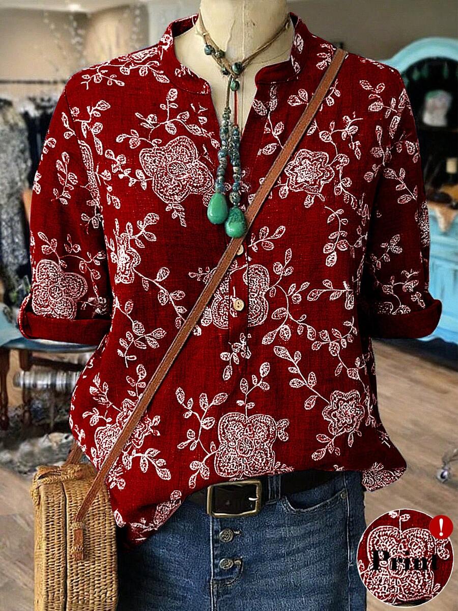 Linhara Plus Size Casual Chic 3/4 Sleeve Printed Blouse, Suitable For Spring, Summer & Autumn Fall - Burgundy - View 1