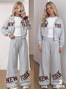 SHEIN 2件組女童套裝 連帽長袖拉鍊夾克，腰部與袖口收緊短版連帽外套，彈性腰寬鬆寬腿休閒運動長褲，秋季 - 灰色 - 查看 1