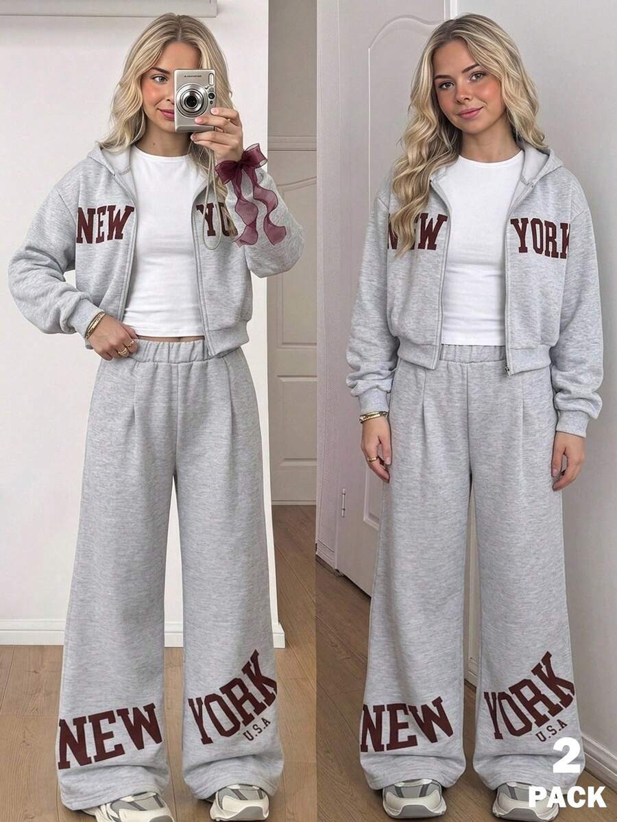 SHEIN 2件組女童套裝 連帽長袖拉鍊夾克,腰部與袖口收緊短版連帽外套,彈性腰寬鬆寬腿休閒運動長褲,秋季 - 灰色 - 查看 1