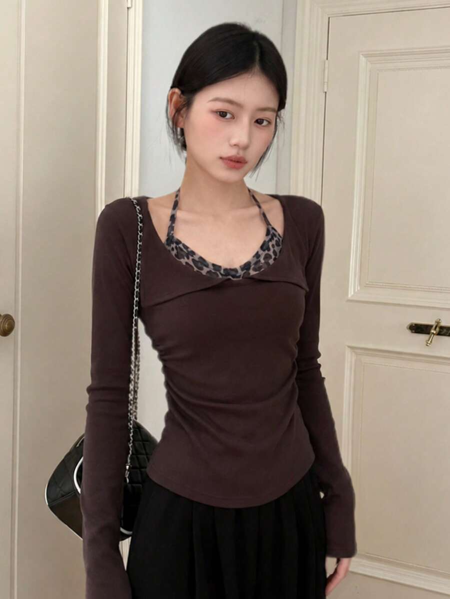 INAWLY 女款韓式性感V領拼接修身短版長袖上衣，深棕色，適合秋季夜店場合 - 棕色 - 查看 1