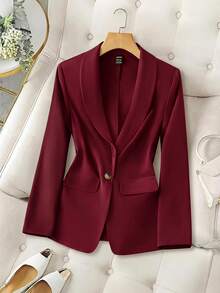 SHEIN LUNE 2024秋冬新款灰綠色女款收腰鈕扣西裝外套，休閒風 - 中紫紅色 - 查看 5