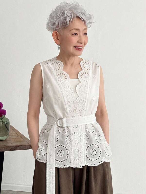 FRIFUL Women's Summer New Cotton Embroidered Waist Tie Casual Versatile Blouse
