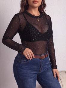 SHEIN PETITE CURVE 大尺碼女款水鑽網紗圓領長袖透視性感上衣 - 黑色 - 查看 6
