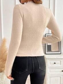 SHEIN Clasi Women's Lace Long Sleeve Crossover Cable-Tie Elegant Sweater,Knit Top With Lace Trim, Loose-Fit Long-Sleeve Fuzzy Sweater For Fall/Winter - Apricot - View 2