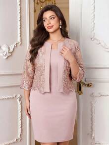 Reflora Plus Size Women's Jacquard 3/4 Sleeve Jacket And Dress Elegant 2 Pieces Set - Dusty Pink - View 4