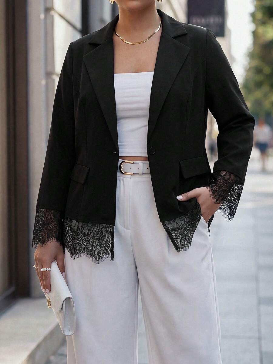 Chikora Plus Size Elegant Commuter Lace Patchwork Blazer - Black - View 1