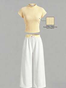  2pcs/Set Gray Knit Outfit, Ruched High Neck Fitted Top Paired With Wide Leg Pants, - Multicolor - View 5