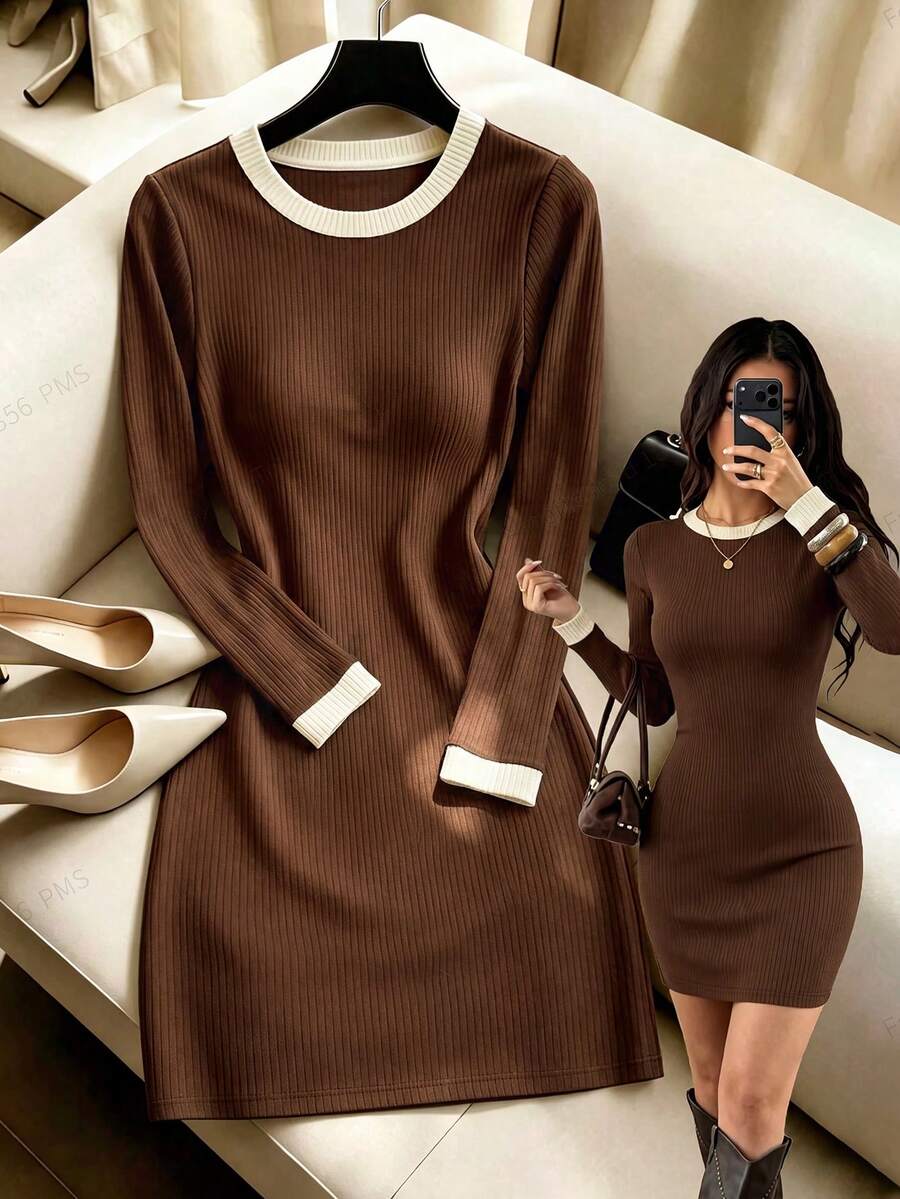 Franclia Women's Autumn/Winter New Hot-Selling Color Block Patchwork Slim Fit Versatile Dress - Multicolor - View 1