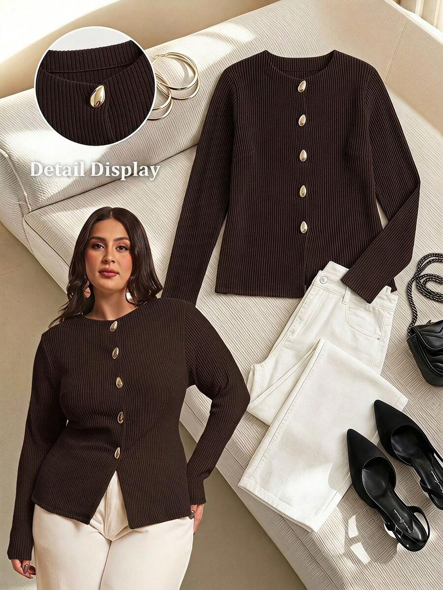 SHEIN BAE Blusa casual versátil de unicolor con botones delanteros para mujer talla grande - Café integral - Ver 1