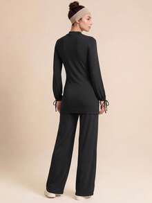 SHEIN With My Calm Swim Lushoire 2PCS Solid Black Long Sleeve Casual Sports Set - Black - View 2