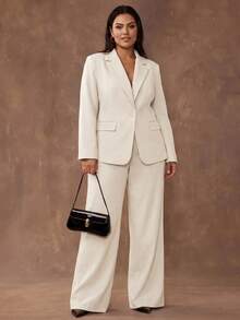 SHEIN Tall CURVE 大尺碼夾克長褲套裝 白色 夏季 職場確認款 優雅商務休閒 - 杏色 - 查看 7