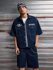 AXEPEAK Conjunto de camisa y pantalones cortos para hombre - Azul Marino - Ver 3