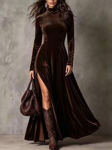 LUMIGAL Women's Round Neck Cinched Waist Split Hem Brown Faux Suede Bohemian Dress, Elegant Commuter Style For Spring And Autumn - Brown - View 5