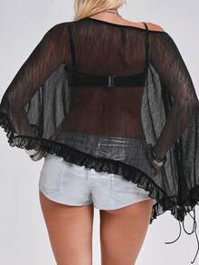 ROMWE Y2K Sexy Fishnet Hollow Out Cape Cover-Up Top For Women Plus Size - Black - View 5