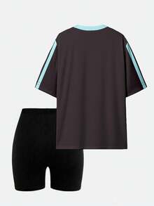 SHEIN 女士休闲时尚创意数字 23 和字母图案印花 T 恤和自行车短裤套装 纽约服装 女士运动服 女士 Y2k 运动服 女士运动服套装 两件套运动服套装 女士 Y2k 运动服 女士两件套运动服 女士纽约都市服装 女士两件套运动服 女士纽约都市运动服 - 彩色 - 查看 2