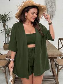 SHEIN VCAY 大尺碼女款純色上衣與短褲休閒日常兩件套 - 軍綠色 - 查看 4