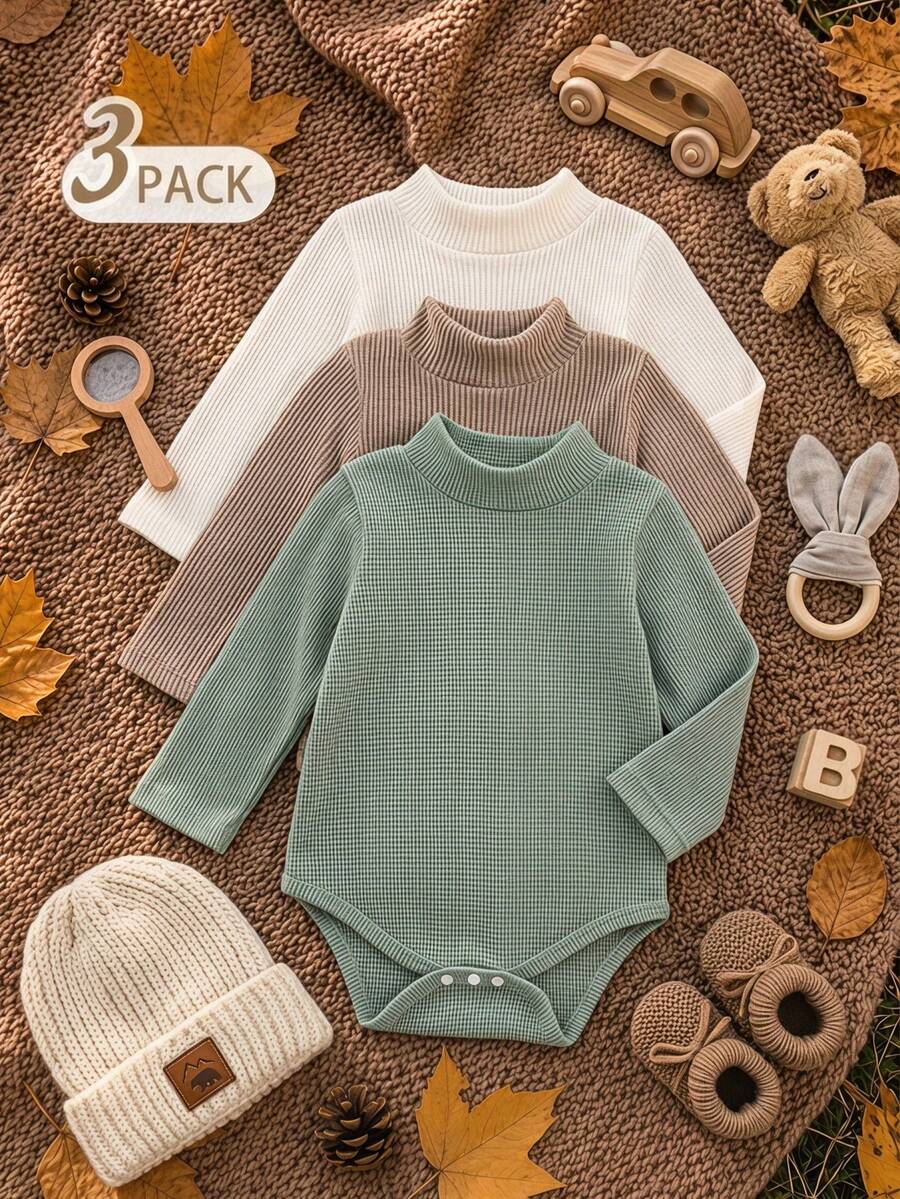 SHEIN Vintaside Kids 3件組男嬰高領長袖華夫格針織連身衣,純色柔軟保暖秋冬連身衣 - 彩色 - 查看 1
