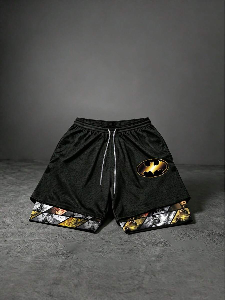 BATMAN X SHEIN 男士英雄印花雙層運動短褲 - 黑色 - 查看 1