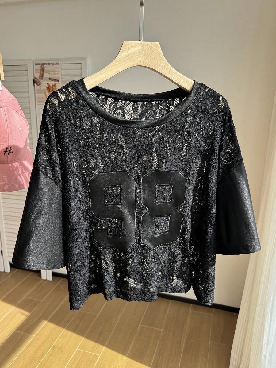 Comfortcana Solid Color Drop Shoulder Short Casual Plus Size T-Shirt - Black - View 1