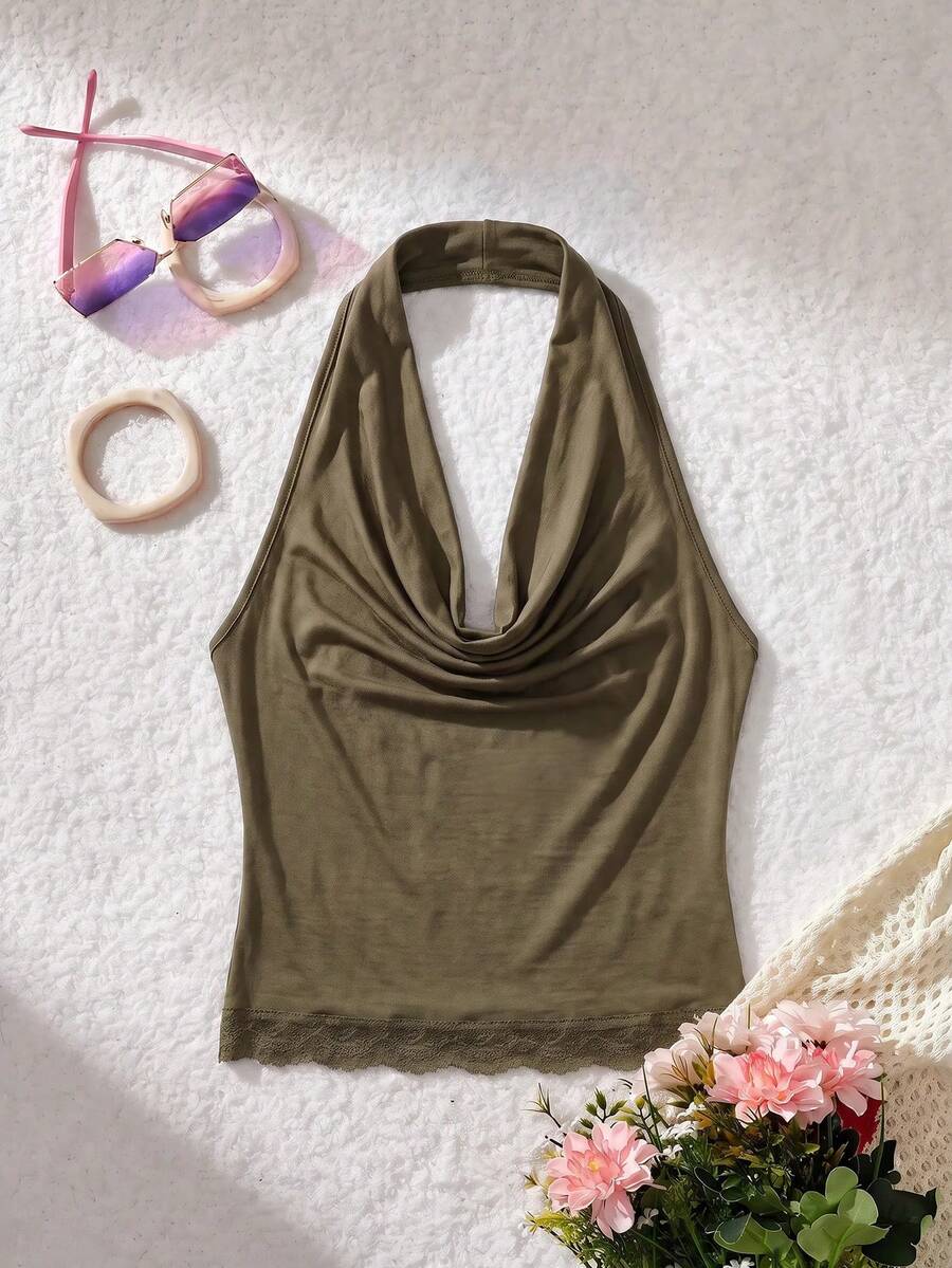 SHEIN MOD Women Multi-Style Stretch Crop Top With Delicate Lace Hemline Transformable For Various Necklines And Occasions,Olive Green Tops,Revealing Tops - Army Green - View 1