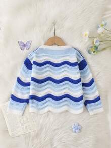 SHEIN Genkimix Kids Girls' Gradient Wave Pattern Cute Thin Knit Sweater - Blue - View 2