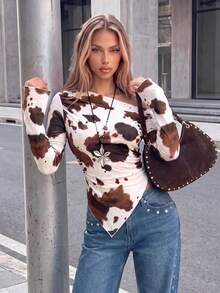 SHEIN ICON 女款 Y2K 西部性感牛仔風節慶服飾 90年代度假嬉皮風 斜肩長袖印花 T-shirt 極簡時尚 白色 秋季 - 彩色 - 查看 4