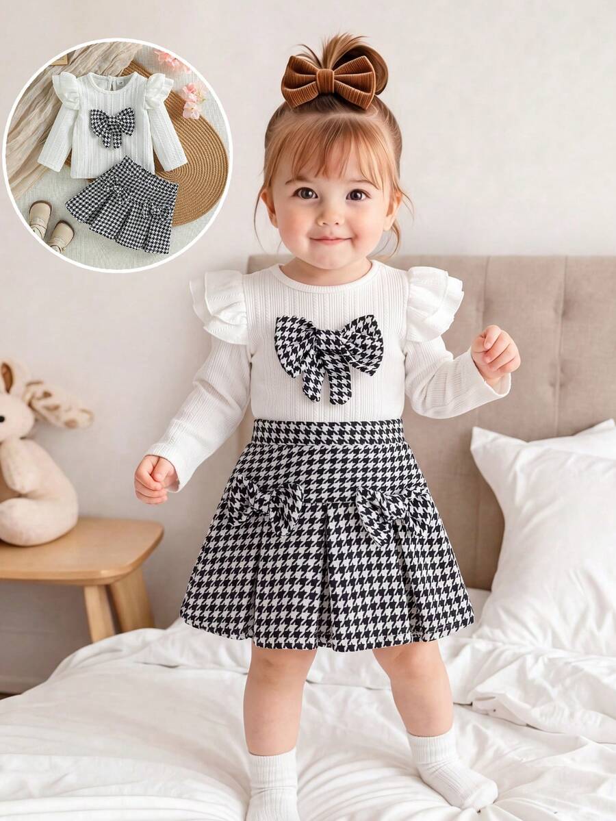 SHEIN Setelan 2 Potong untuk Bayi Perempuan - Atasan Rajut Putih dengan Lengan Berkerut & Rok Motif Houndstooth