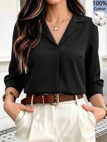 SHEIN LUNE Blus Wanita Lengan 3/4 Katun Hitam Murni Leher V Musim Gugur/Dingin - Hitam - View 9