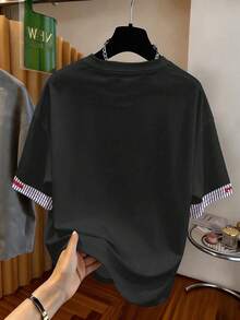 Tween女孩復古休閒童裝可愛甜美草莓兔海軍藍條紋印花短袖落肩上衣 - 白色 - 查看 2