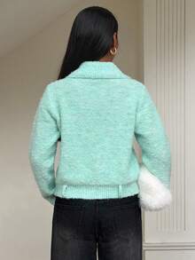 SHEIN BAE 女款正裝雙排扣開襟針織毛衣 - 綠色 - 查看 2