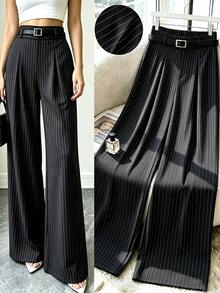 SHEIN Clasi Women's Plus Size Spring/Summer Striped Pleated Wide Leg Loose Long Pants Fall - Black - View 1